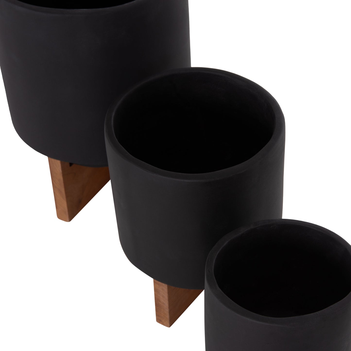 SET OF 3 POTS WITH TEAK BASES TANTI FIBER CEMENT IN BLACK