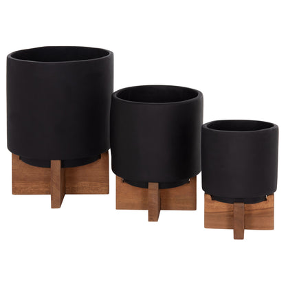 SET OF 3 POTS WITH TEAK BASES TANTI FIBER CEMENT IN BLACK