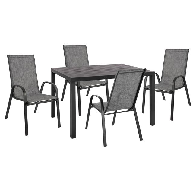 5 PCS SET WITH CHARCOAL ALUMINIUM TABLE 120x80x75.5 & 4 LEON GREY ARMCHAIRS