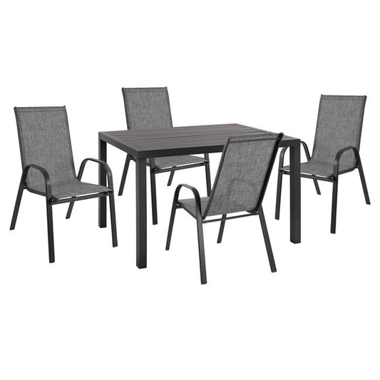 5 PCS SET WITH CHARCOAL ALUMINIUM TABLE 120x80x75.5 & 4 LEON GREY ARMCHAIRS