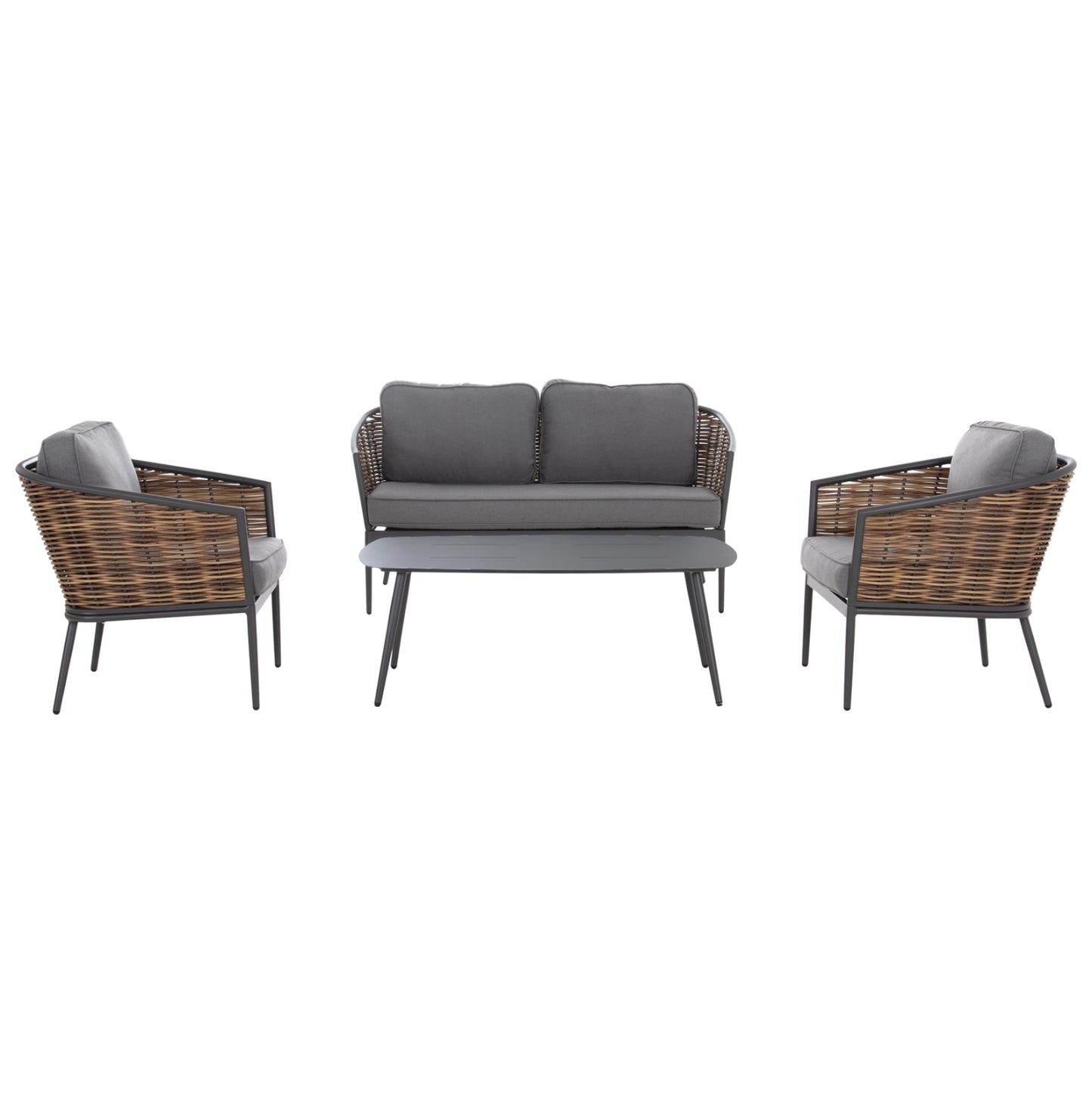 4PC LIVING ROOM SET CASSIAN ALUMINUM & GREY BEIGE CUSHIONS P.E. RATTAN