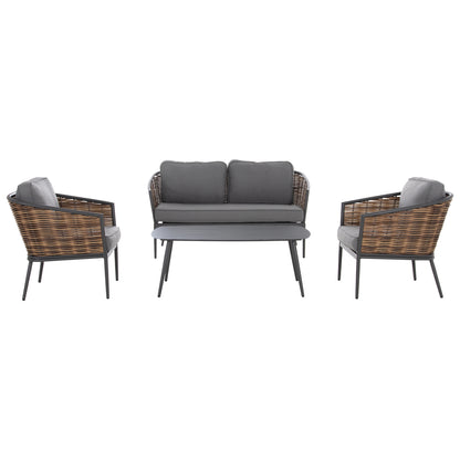 4PC LIVING ROOM SET CASSIAN ALUMINUM & GREY BEIGE CUSHIONS P.E. RATTAN