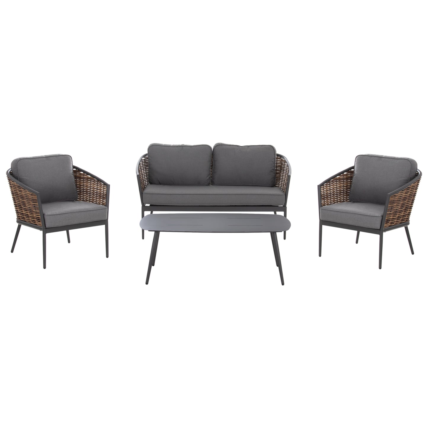 4PC LIVING ROOM SET CASSIAN ALUMINUM & GREY BEIGE CUSHIONS P.E. RATTAN