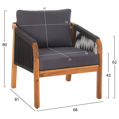 OUTDOOR LIVING ROOM SET 4 PCS ROSSWELL ACACIA WOOD ROPE & ANTHRACITE CUSHIONS