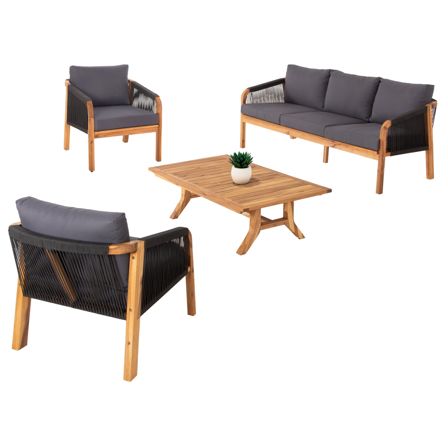 OUTDOOR LIVING ROOM SET 4 PCS ROSSWELL ACACIA WOOD ROPE & ANTHRACITE CUSHIONS
