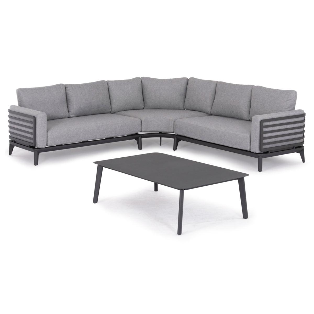 ORION 4-PIECE OUTDOOR CORNER LOUNGE SET, DARK GREY ALUMINUM & OLEFIN