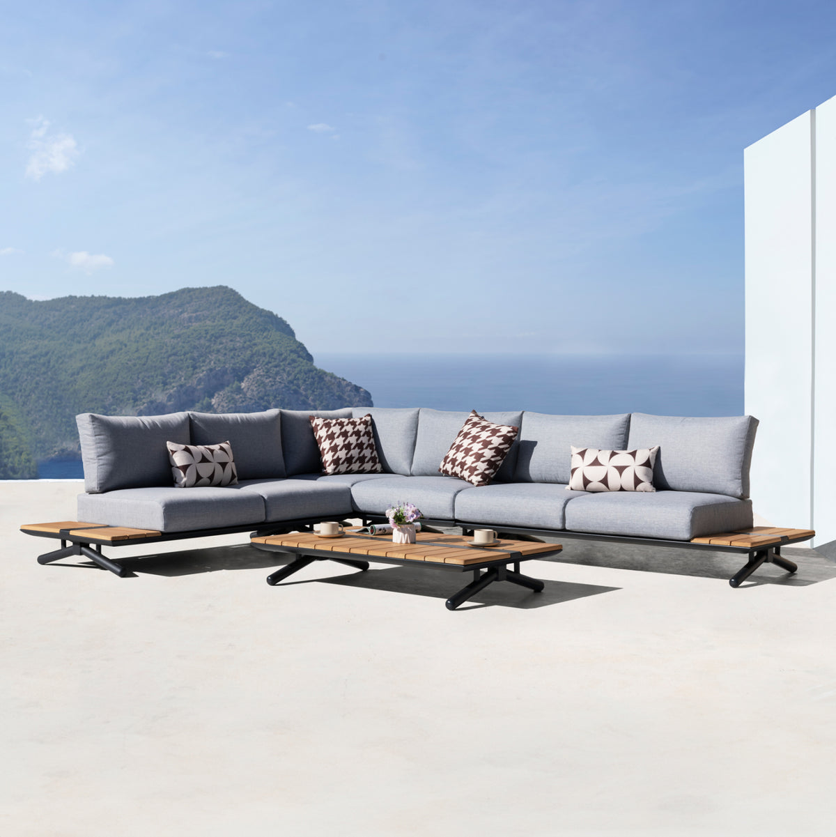 5-PIECE OUTDOOR LOUNGE SET MEILANI ALUMINUM EUCALYPTUS WOOD ROPE