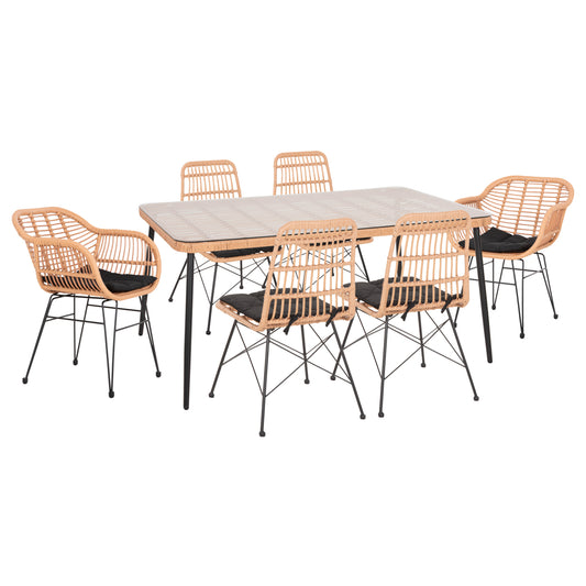 DINING SET 7 PCS ALLEGRA WICKER BEIGE METAL BLACK