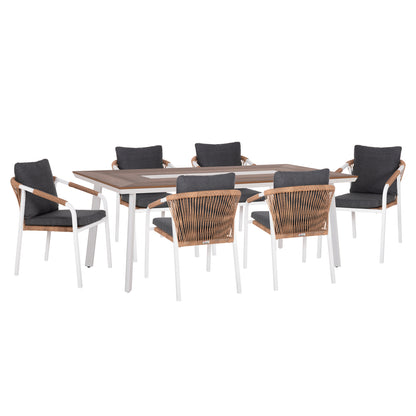 7 PC DINING SET MAERLY ALUMINUM WHITE POLYWOOD GREY CUSHIONS