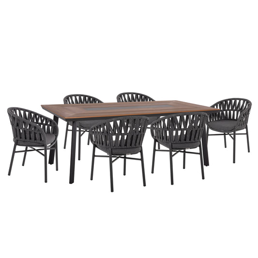 DINING SET 7 PCS TABER ALUMINUM DARK GREY POLYWOOD P.E. ROPE