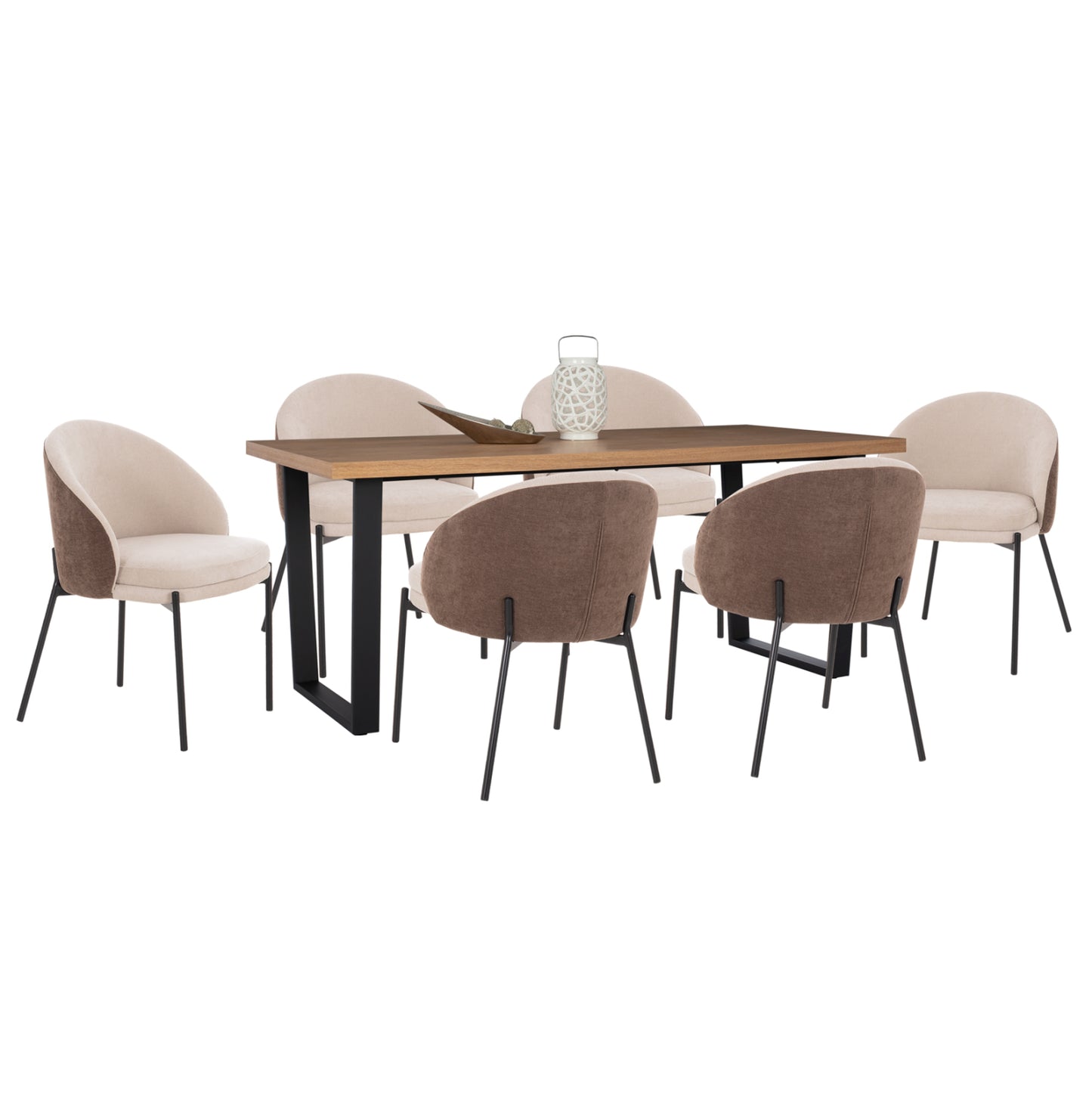 DINING SET 7 PCS ASTORIA MDF TOP FABRIC BEIGE/BROWN & METAL BLACK