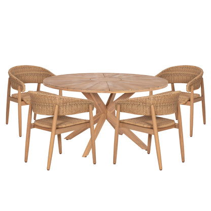 OUTDOOR DINING SET 5 PCS CORTEN ACACIA WOOD & NATURAL ROPE