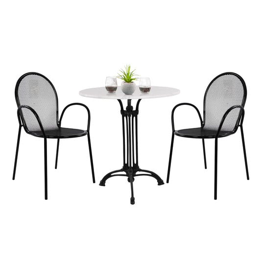 OUTDOOR DINING SET 3 PCS ROUND MARBLE TABLE METAL ARMCHAIRS