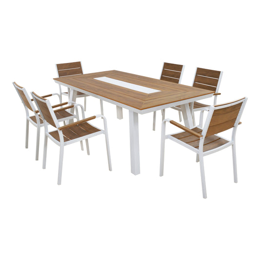DINING SET TABER TABLE & 6 ARMCHAIRS ALUMINUM & POLYWOOD WHITE