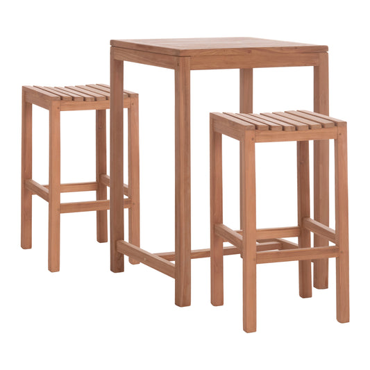 SET TABLE WITH 2 BAR STOOLS PRESSCOT TEAK WOOD IN NATURAL COLOR