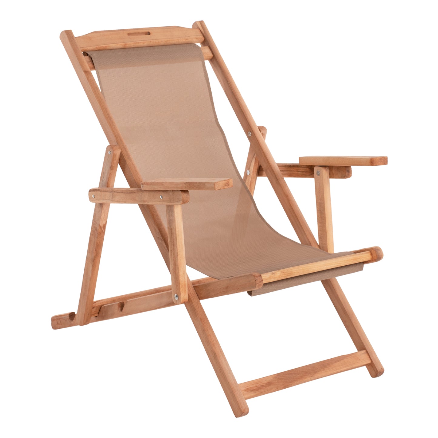 SUNLOUNGER LIMNOS WITH ARMRESTS, SOLID BEECH FRAME NATURAL WITH MOCHA PVC