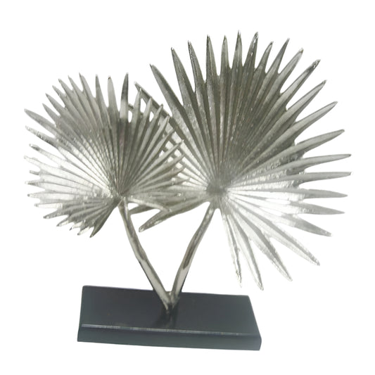 Επιτραπέζιο Διακοσμητικό Μεταλλικό Ασημί Φύλλα σε Ξύλινη Βάση 38x8x38