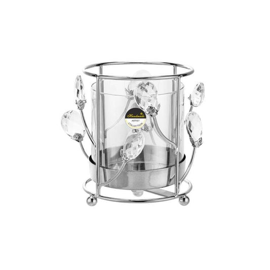 Κηροπήγιο Γυάλινο/Μέταλλο με Ασημί Διακοσμητικές Διακλαδώσεις 11.8x11.8x14