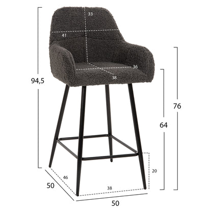 MID-HEIGHT STOOL STRIKE FABRIC TEDDY GREY BLACK METAL LEGS 50x50x94.5