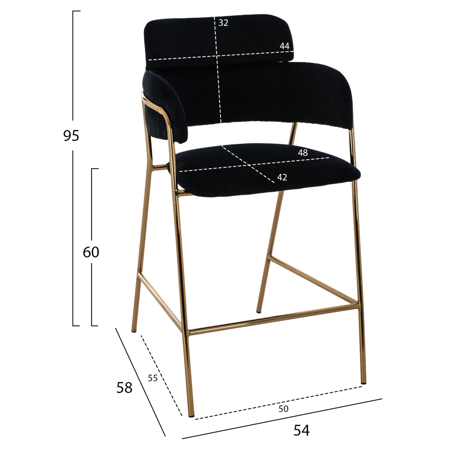 MID-HEIGHT STOOL KELSO VELVET BLACK GOLDEN FRAME 54x58x95