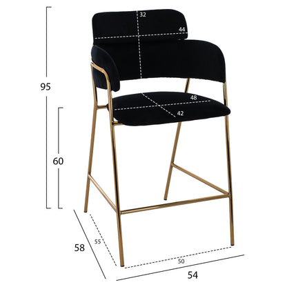MID-HEIGHT STOOL KELSO VELVET BLACK GOLDEN FRAME 54x58x95