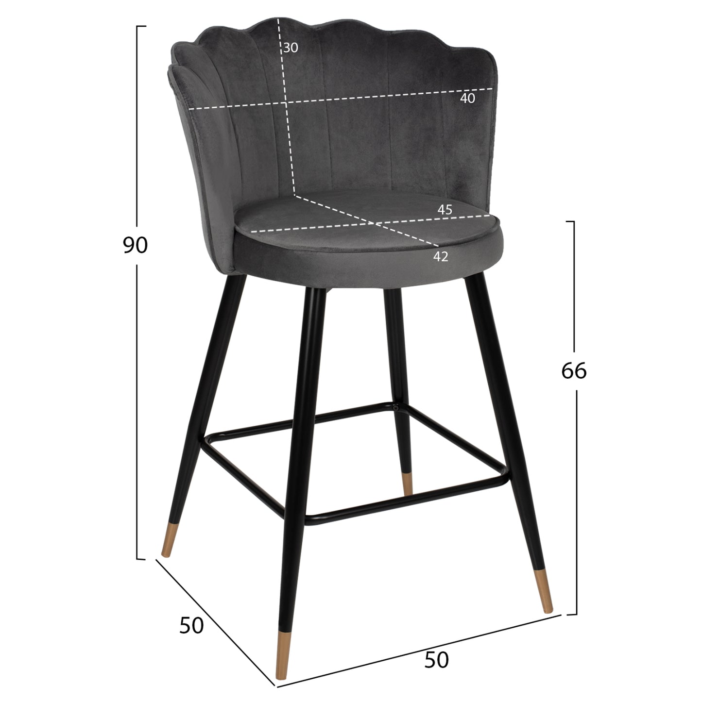 BAR STOOL VESNA GREY VELVET METAL FRAME 50x50x90