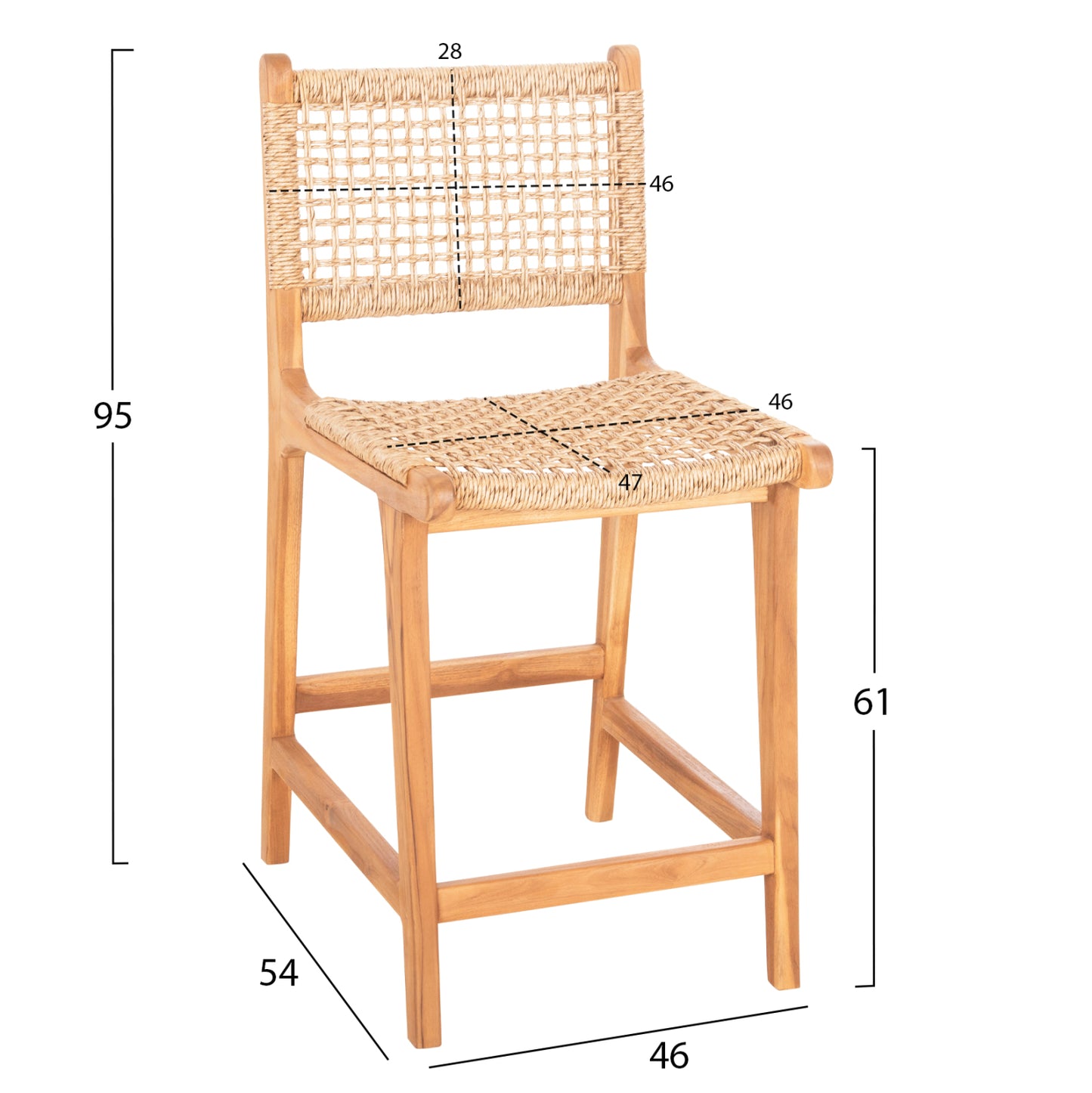 BAR STOOL WITH BACKREST NESHA TEAK WOOD & VIRO ROPE 46x48,5x96