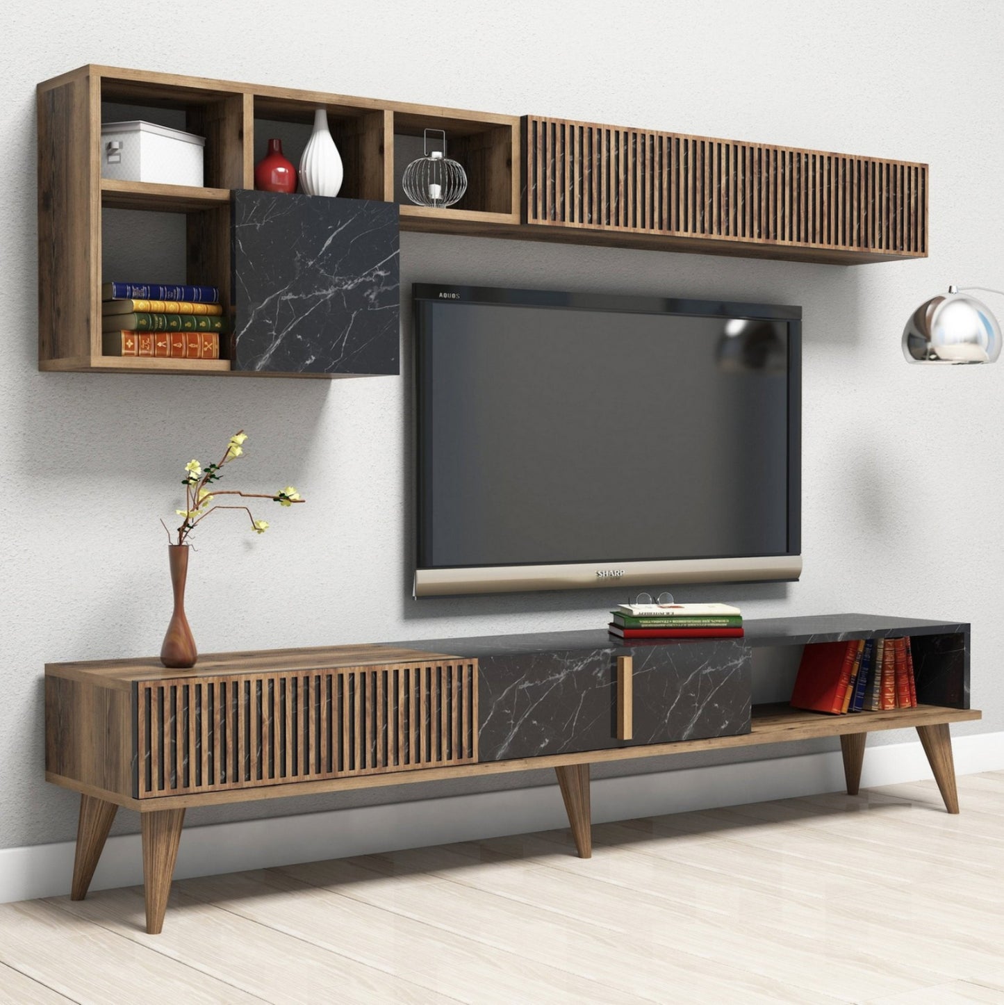 TV UNIT MELAMINE IN WALNUT BLACK MARBLE 180x35x40