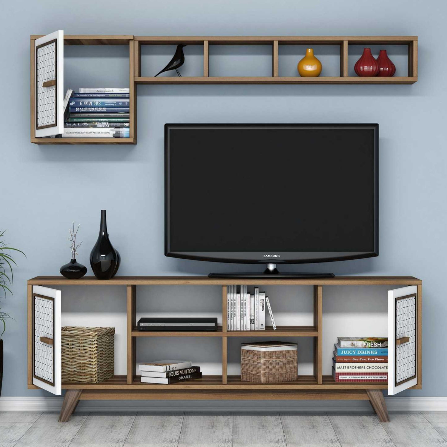 TV UNIT MELAMINE IN WALNUT AND WHITE 160x35x56.2