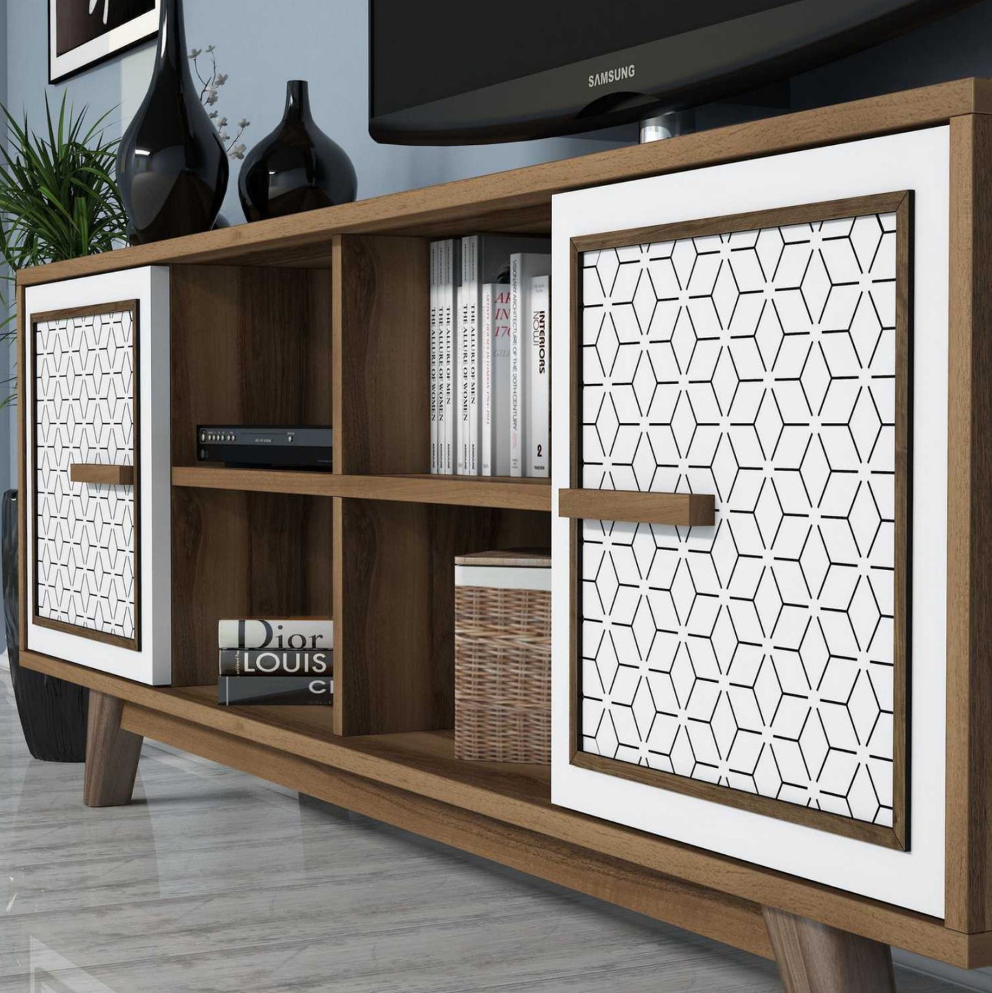 TV UNIT MELAMINE IN WALNUT AND WHITE 160x35x56.2
