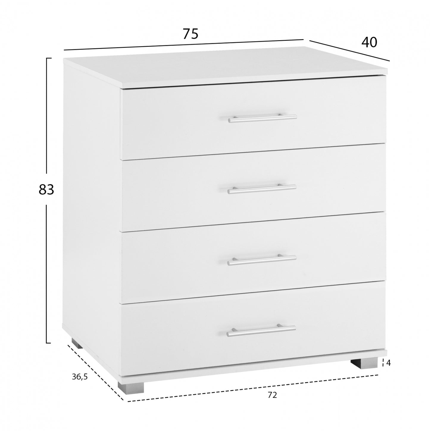 MELAMINE CHEST OF DRAWERS BRIANA WITH 4 DRAWERS WHITE 75x40x83