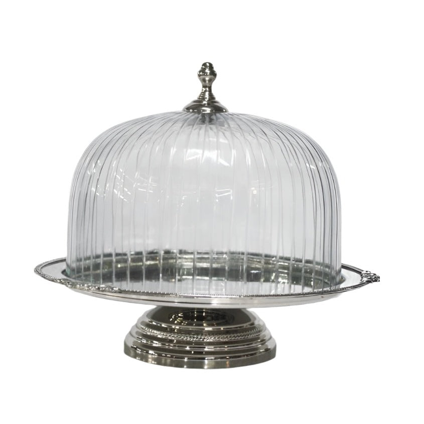 Τουρτιέρα Μεταλλική με Καπάκι Γυάλινο & Πόδι Ασημί 23x23x21.5