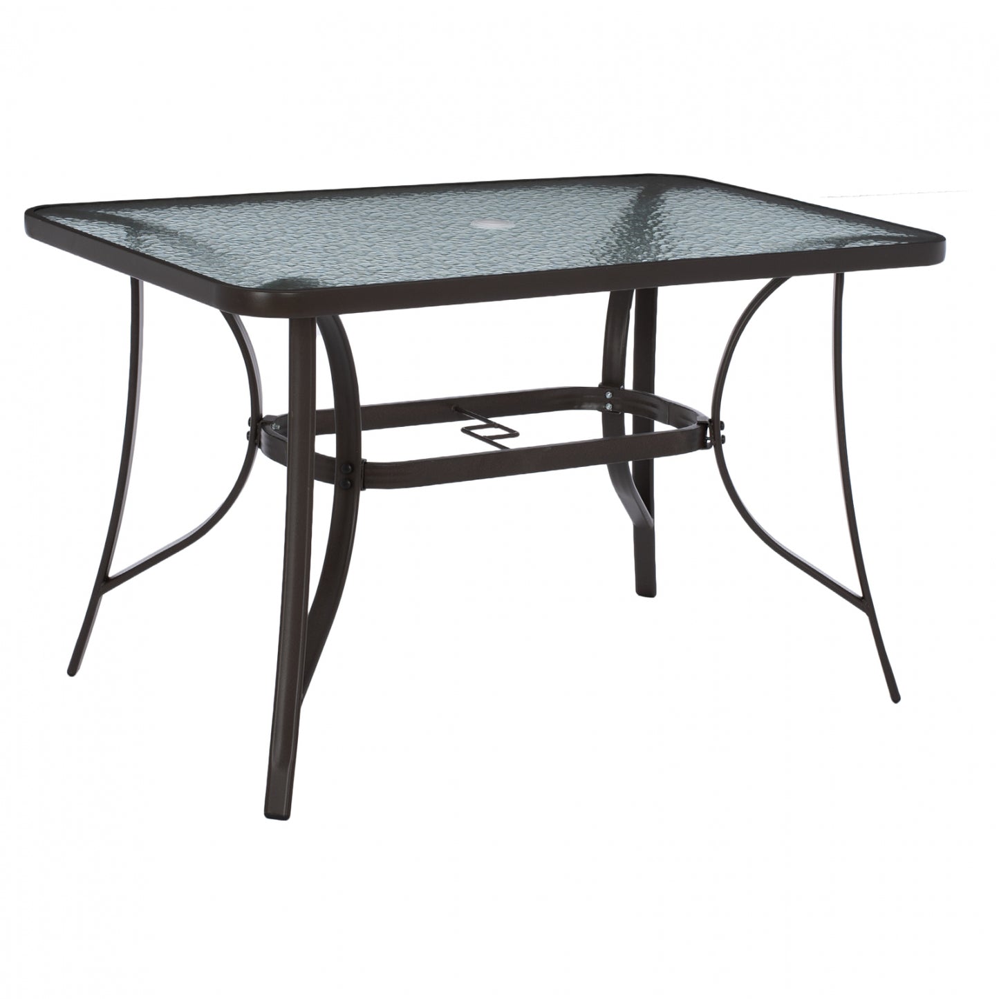 BRAVO METAL TABLE BROWN GLASS TOP WITH UMBRELLA HOLE 120x70x72