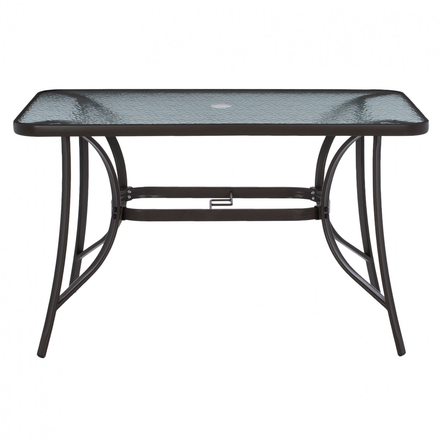 BRAVO METAL TABLE BROWN GLASS TOP WITH UMBRELLA HOLE 120x70x72
