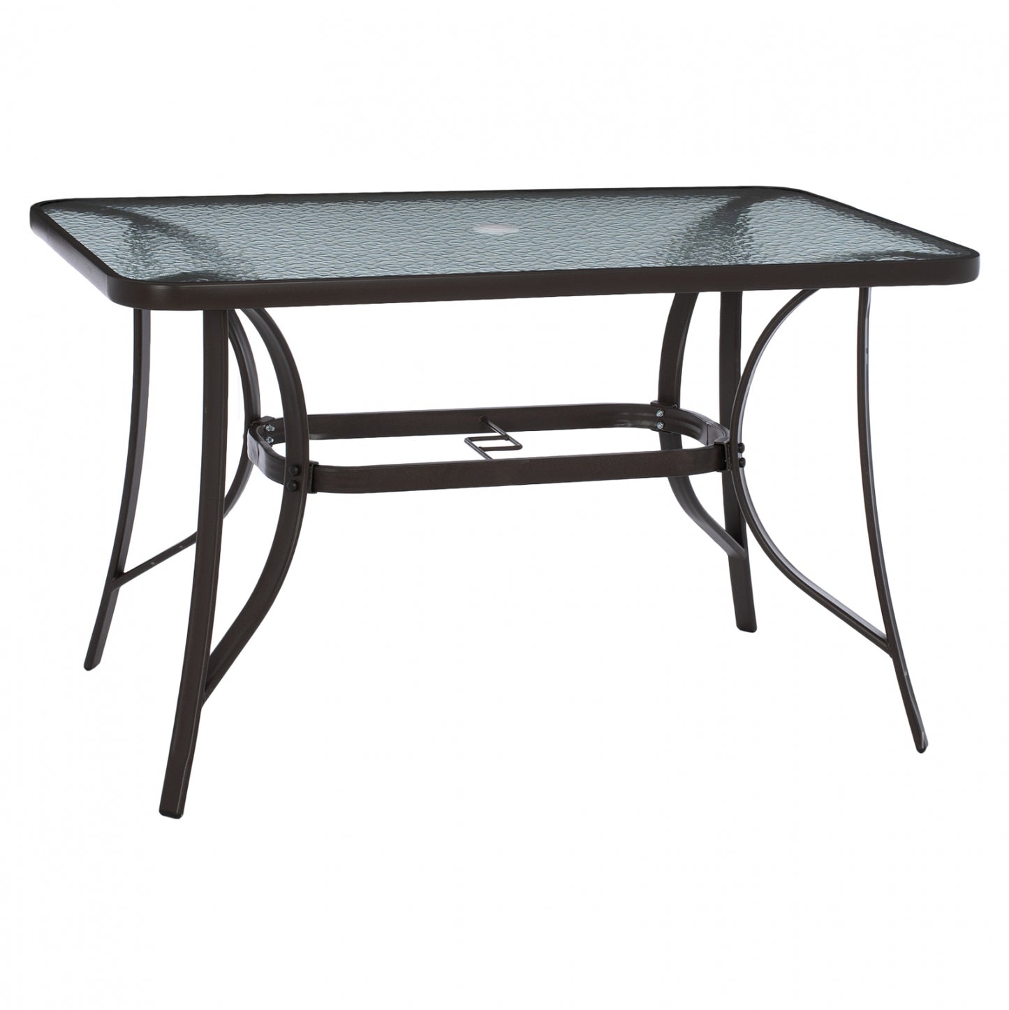 BRAVO METAL TABLE BROWN GLASS TOP WITH UMBRELLA HOLE 120x70x72