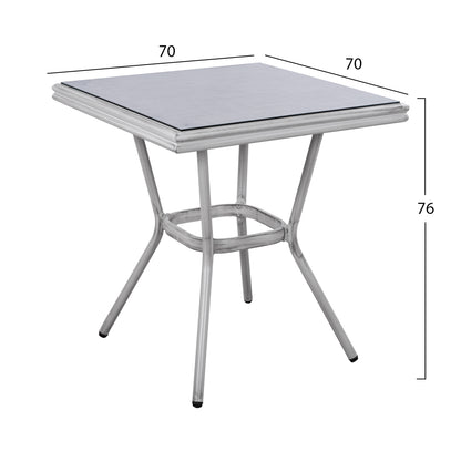 HARLOW BAMBOO LOOK ALUMINIUM TABLE WITH WHITE PATINA AND GLASS TOP 70x70x76