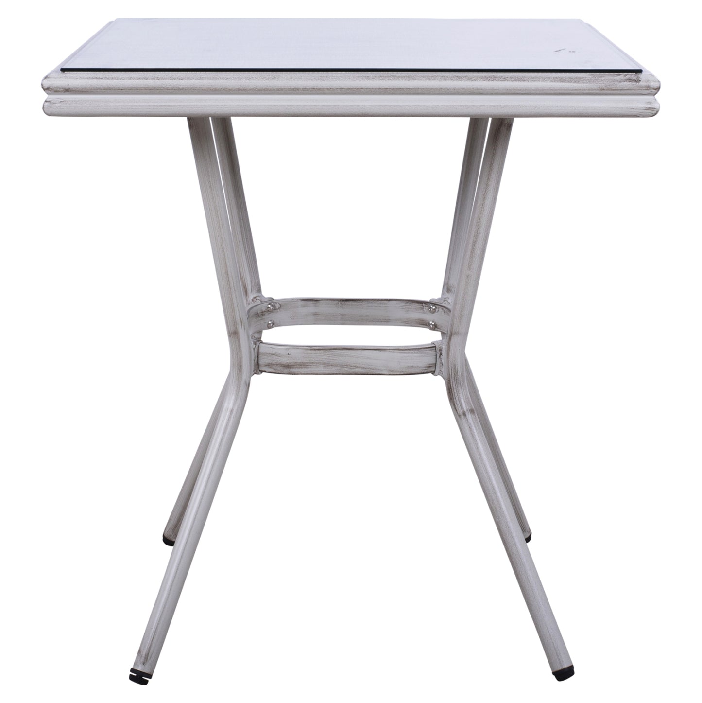 HARLOW BAMBOO LOOK ALUMINIUM TABLE WITH WHITE PATINA AND GLASS TOP 70x70x76