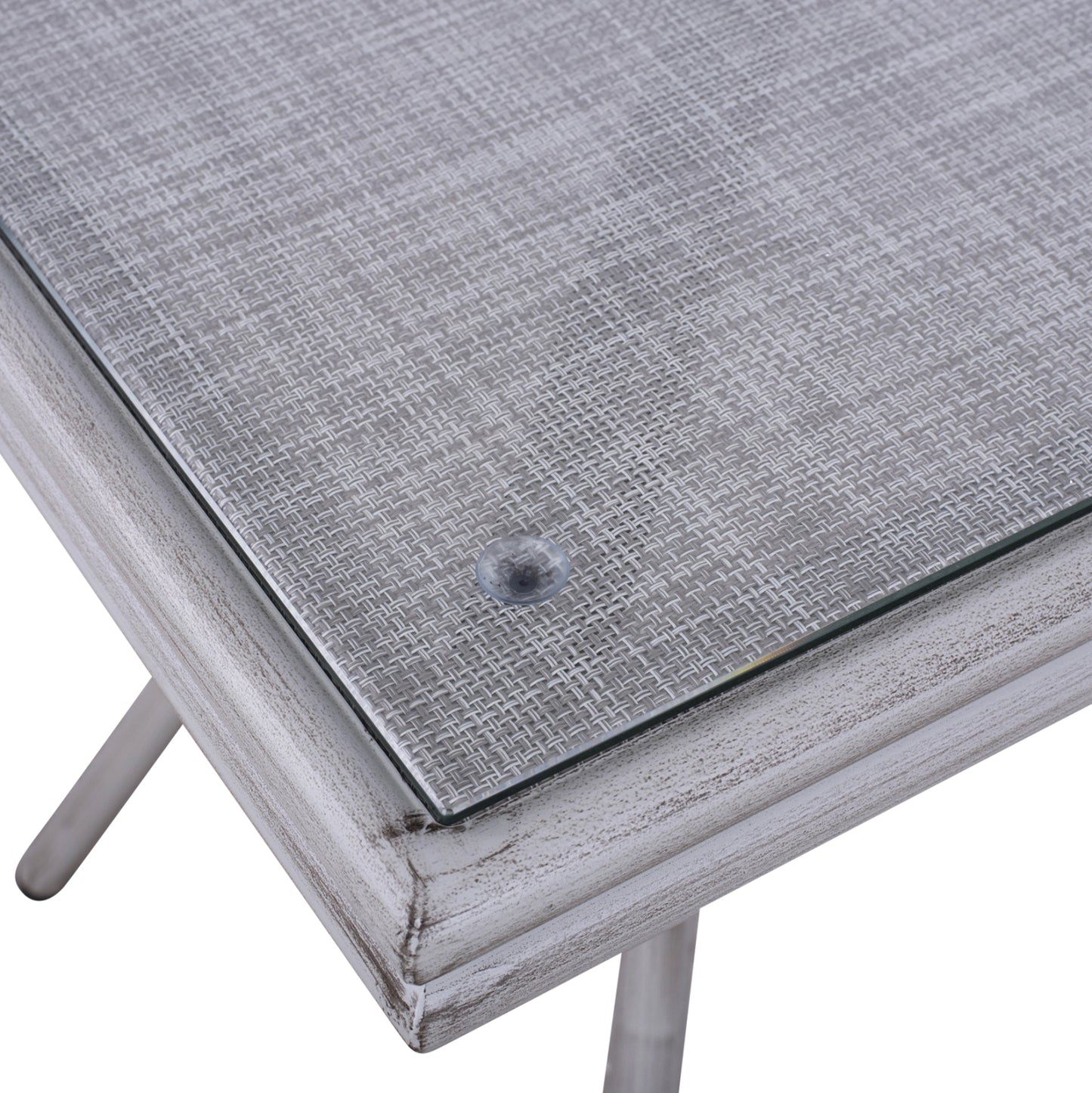 HARLOW BAMBOO LOOK ALUMINIUM TABLE WITH WHITE PATINA AND GLASS TOP 70x70x76