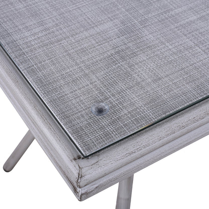 HARLOW BAMBOO LOOK ALUMINIUM TABLE WITH WHITE PATINA AND GLASS TOP 70x70x76