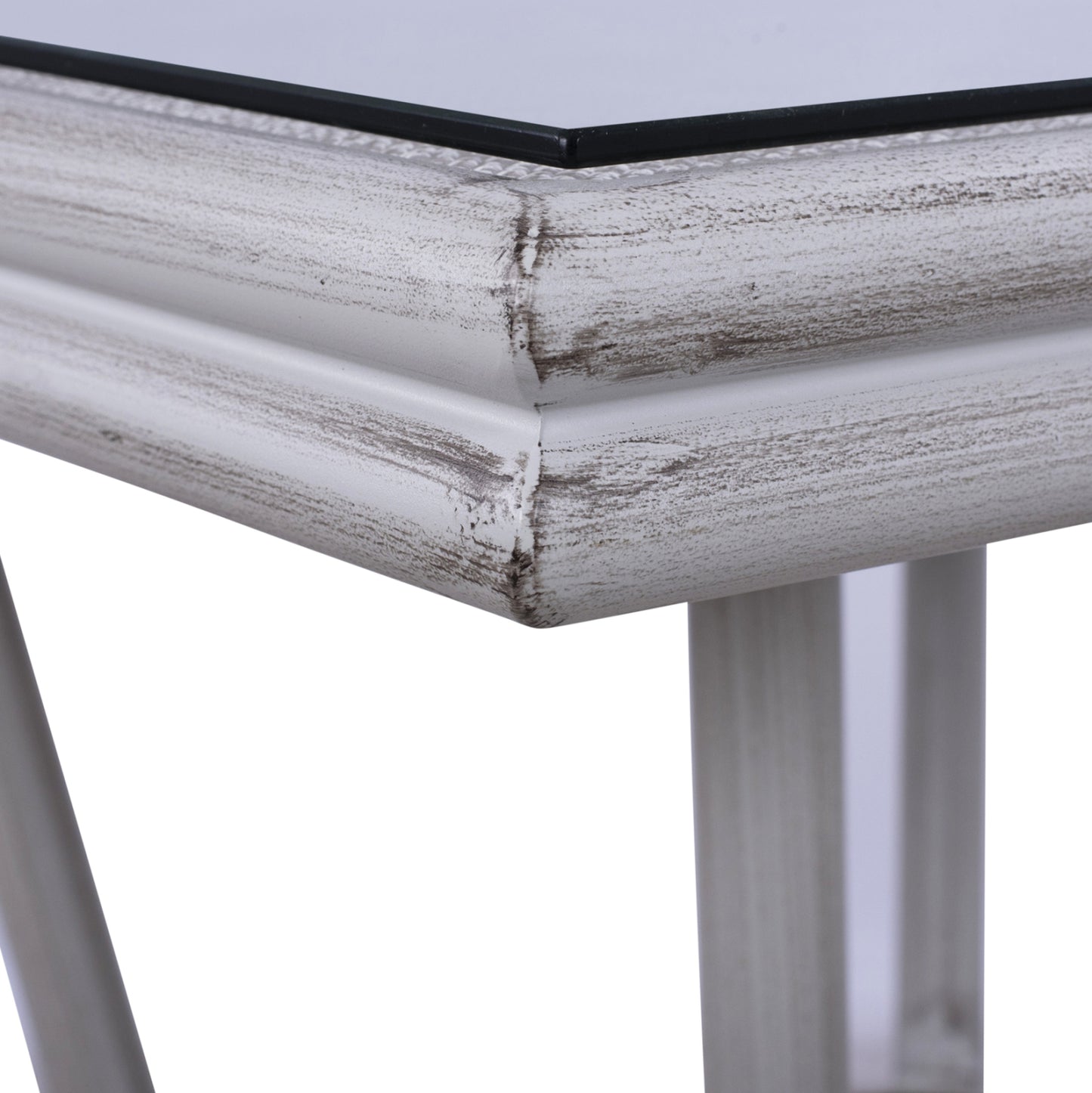 HARLOW BAMBOO LOOK ALUMINIUM TABLE WITH WHITE PATINA AND GLASS TOP 70x70x76
