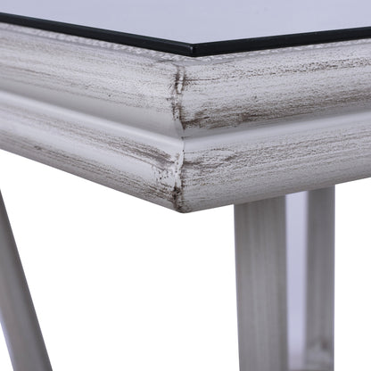 HARLOW BAMBOO LOOK ALUMINIUM TABLE WITH WHITE PATINA AND GLASS TOP 70x70x76