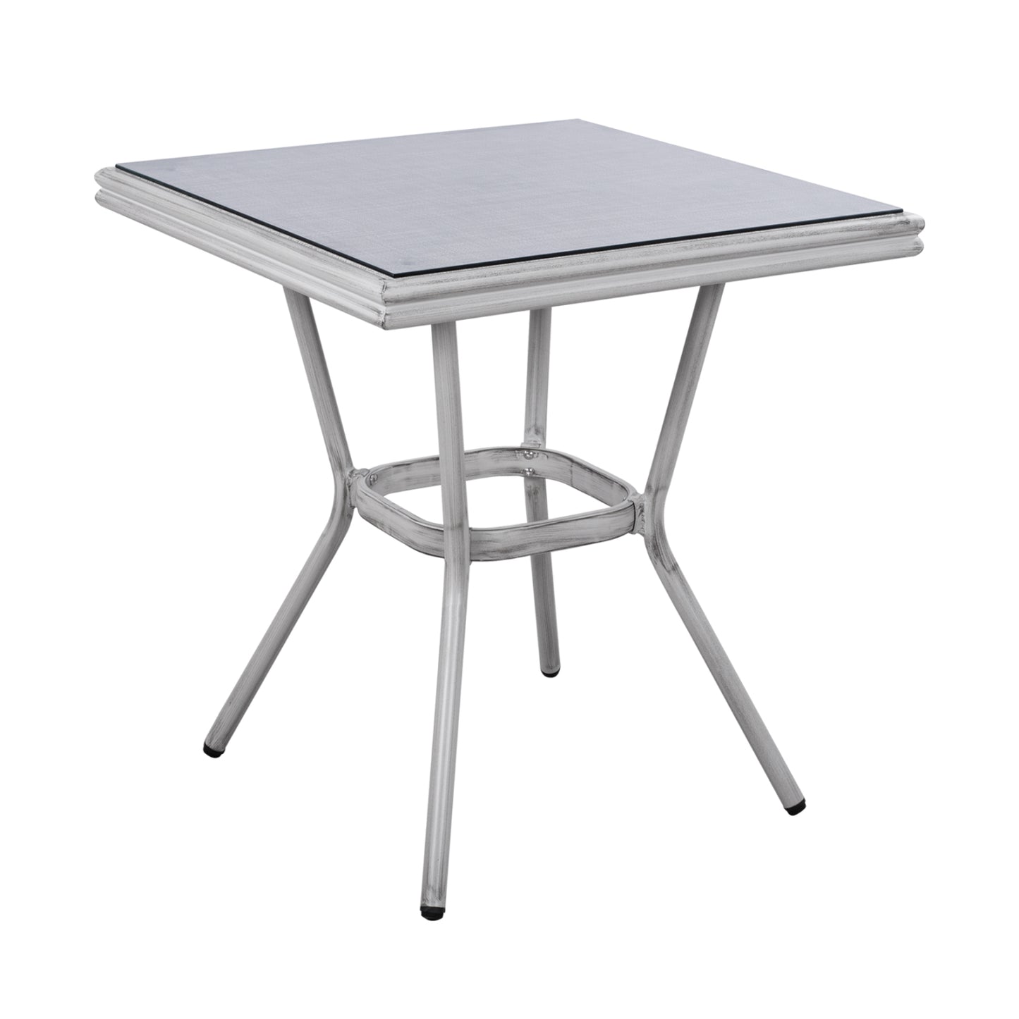HARLOW BAMBOO LOOK ALUMINIUM TABLE WITH WHITE PATINA AND GLASS TOP 70x70x76