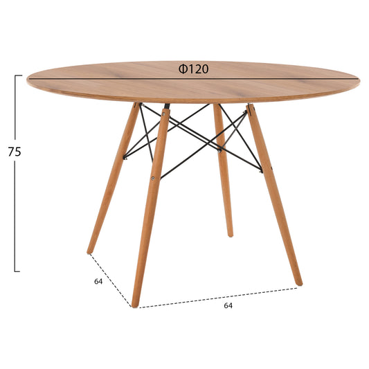 ΤΡΑΠΕΖΙ MINIMAL ΣΤΡΟΓΓΥΛΟ MDF ΣΕ ΦΥΣΙΚΟ ΠΟΔΙΑ ΟΞΙΑΣ ΣΕ ΦΥΣΙΚΟ Φ120x75