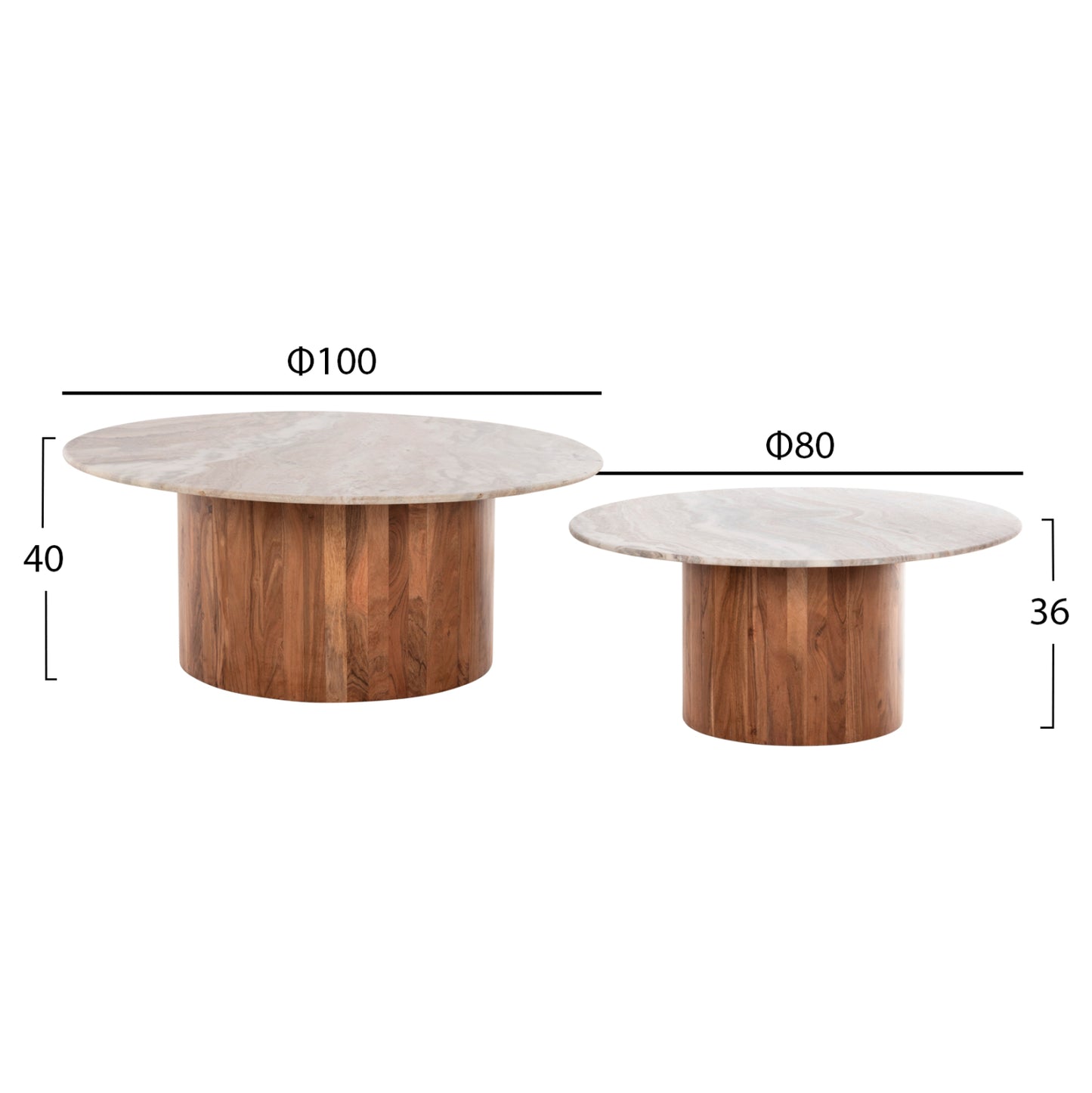 FORMEL 2-PIECE LIVING ROOM COFFEE TABLE ACACIA IN NATURAL WHITE MARBLE Φ100cm & Φ80cm