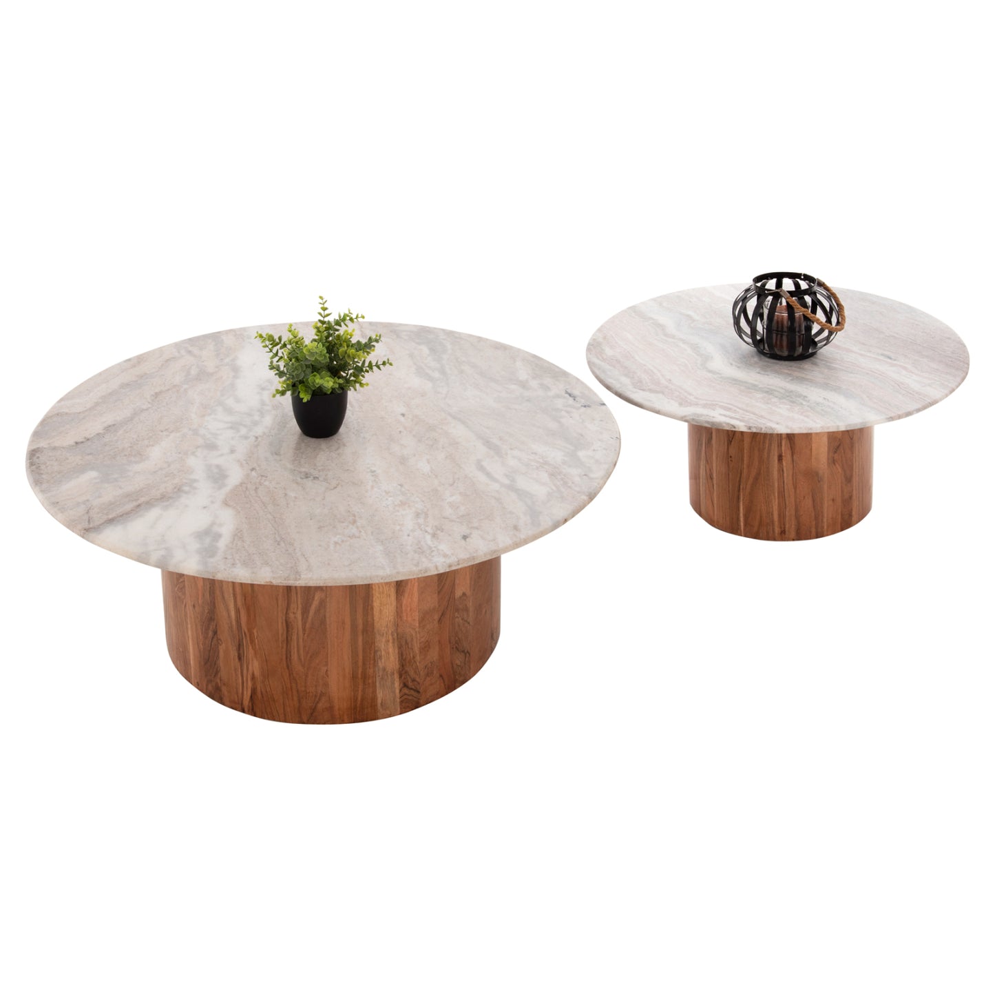 FORMEL 2-PIECE LIVING ROOM COFFEE TABLE ACACIA IN NATURAL WHITE MARBLE Φ100cm & Φ80cm
