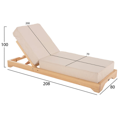 IKARIA SUNBED WITH PINE LEG IN NATURAL BEIGE TEXTILENE 20cm CUSHION