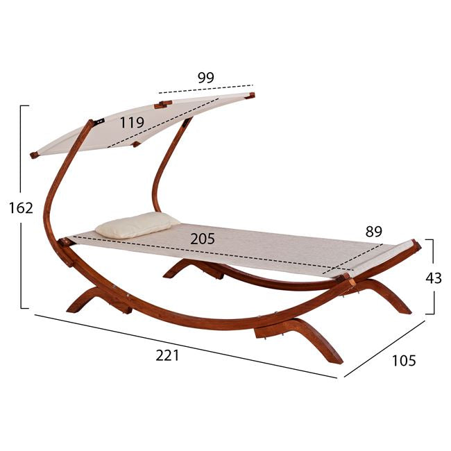 BEACH LOUNGER WOODEN WALNUT BEIGE WITH SUNSHADE COLBY 105x221x162