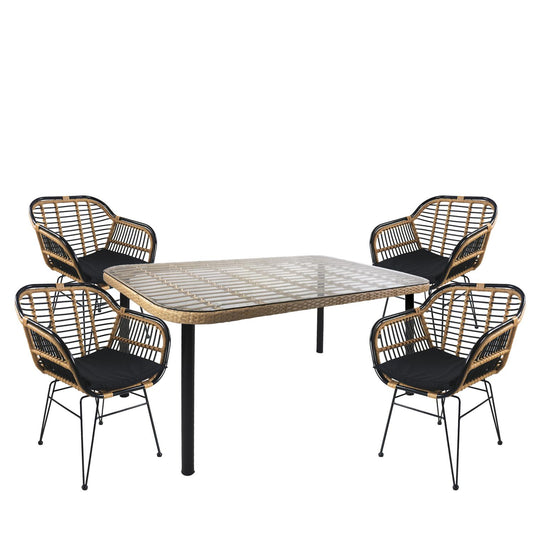 Σετ Τραπεζαρία Κήπου AMPIUS Φυσικό/Μαύρο Μέταλλο/Rattan/Γυαλί Με 4 Καρέκλες 14990291