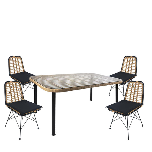 Σετ Τραπεζαρία Κήπου AMPIUS Φυσικό/Μαύρο Μέταλλο/Rattan/Γυαλί Με 4 Καρέκλες 14990299