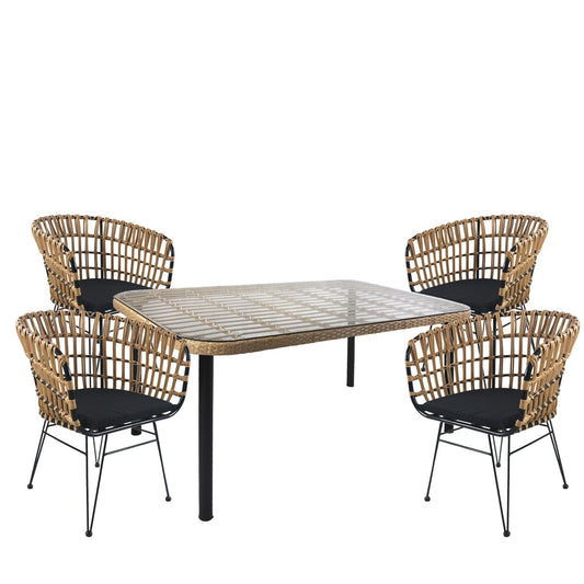 Σετ Τραπεζαρία Κήπου AMPIUS Φυσικό/Μαύρο Μέταλλο/Rattan/Γυαλί Με 4 Καρέκλες 14990303
